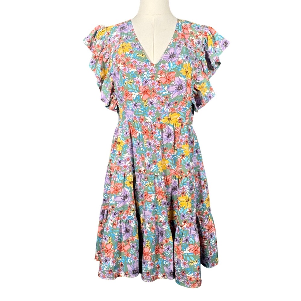 Entro Floral Tiered Mini Dress Ruffle Cap Sleeve Multi Color Womens Medium